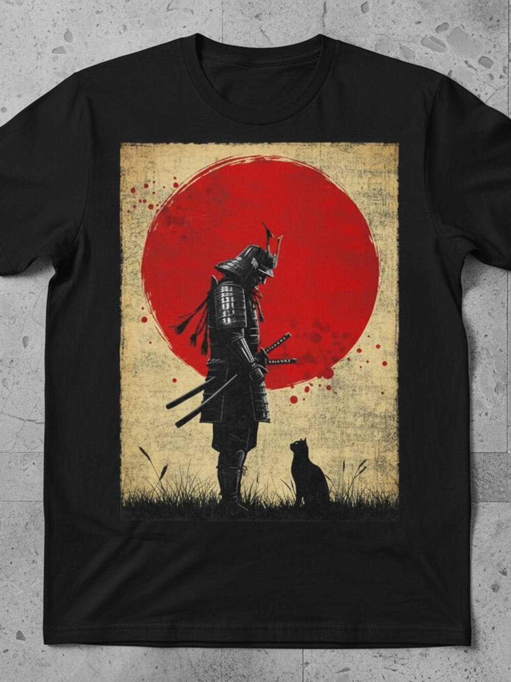 Samurai And Black Cat Japanese Art Vintage Graphic Tee